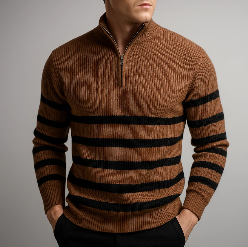 Men's zip sweater with ribbed texture and stripe pattern, stand-up collar