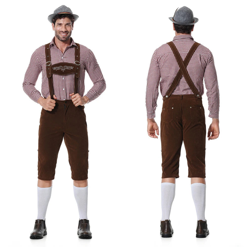Mann in traditioneller bayerischer Tracht mit Lederhose, kariertem Hemd und Hut, Vorder- und Rückansicht. Oktoberfest Mode, Trachtenbekleidung.