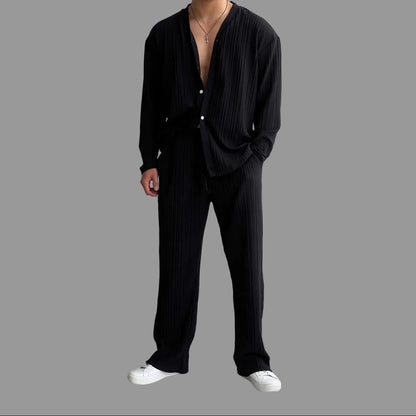 Men's Long-Sleeve Shirt and Pants, Two-Piece Suit, Solid Color, Lightweight, Multicolored