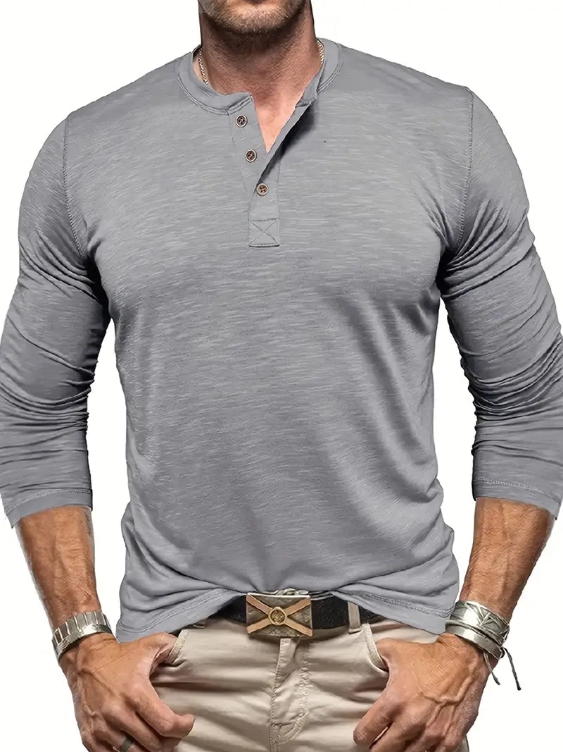 Herren Langarm Henley T-Shirt Mit Knopfleiste