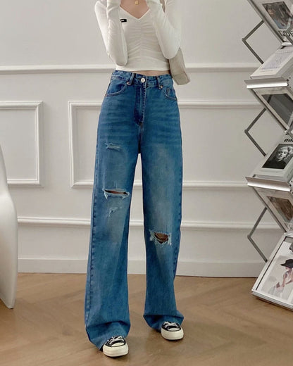 Damen Dunkelblaue Gerade Hose mit weitem Bein und Reißverschlussknopf
