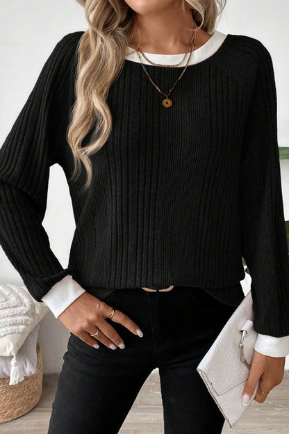 Gerippter Strickpullover mit langen Ärmeln und bequemem Schnitt