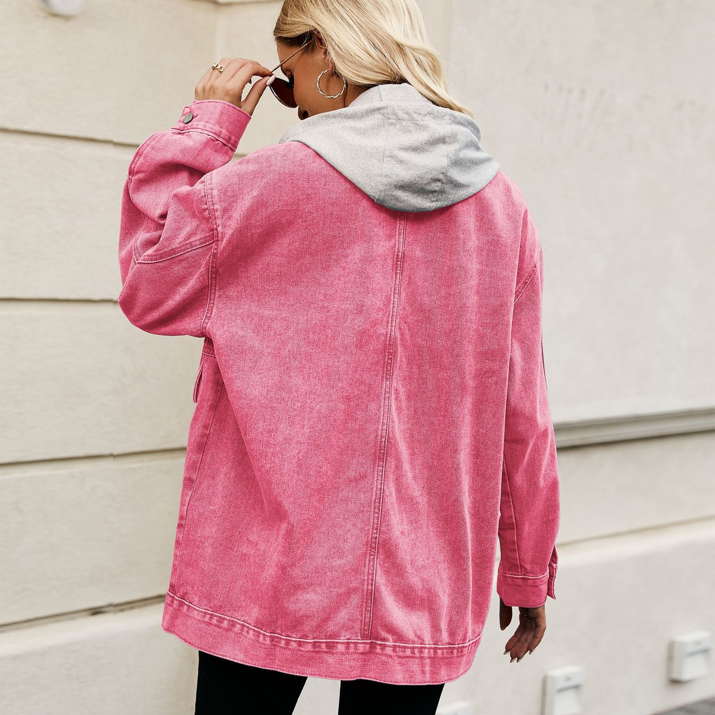 Damen Frühlingsjacke aus Denim-Mix mit abnehmbarer Kapuze und lockerem Schnitt