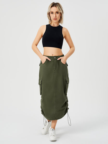 Damen Cargo-Midirock mit hohem Bund, Frontschlitz und mehreren Taschen