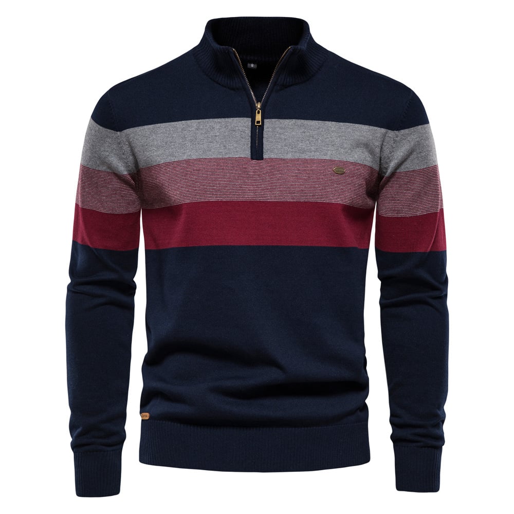 Gestreifter Herrenpullover mit Reißverschluss, blau, grau und rot, aus Baumwolle, modisch, warm, ideal für Herbst und Winter.