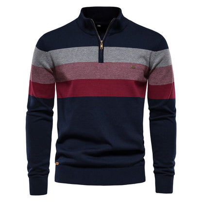 Gestreifter Herrenpullover mit Reißverschluss, blau, grau und rot, aus Baumwolle, modisch, warm, ideal für Herbst und Winter.