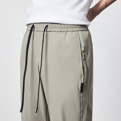 Men's summer pants made of ice silk, cool, thin, shortened, tapered slim fit, mid-rise waist, ankle-length, drawstring, micro-elastic