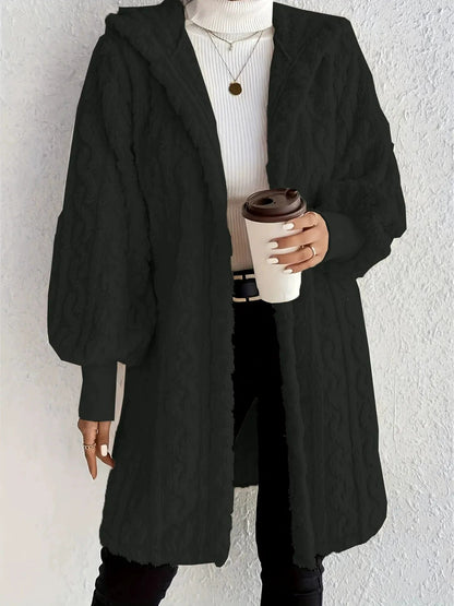 Women's Long Hooded Coat with Plush and Ribbed Cuffs – Comfortable Style