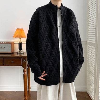 Herren Winter Strickjacke Stehkragen Zopfmuster Langarm – Woll-Mischung