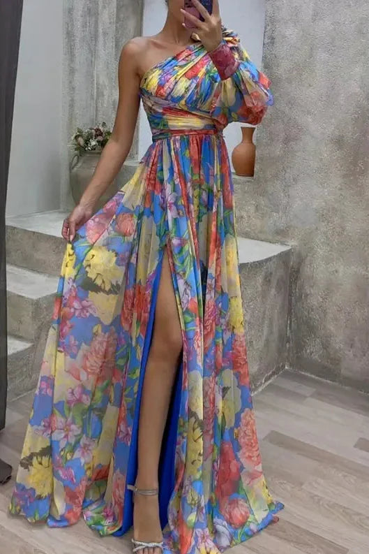 Damen Sommer Maxikleid One-Shoulder mit Blumendruck und Schlitz – Langarm Style