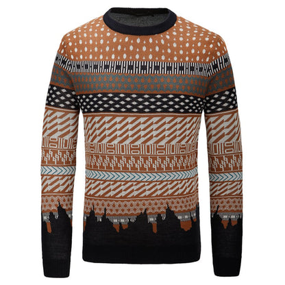 Men's Crew Neck Sweater Contrast Jacquard Long Sleeve – Cotton Blend