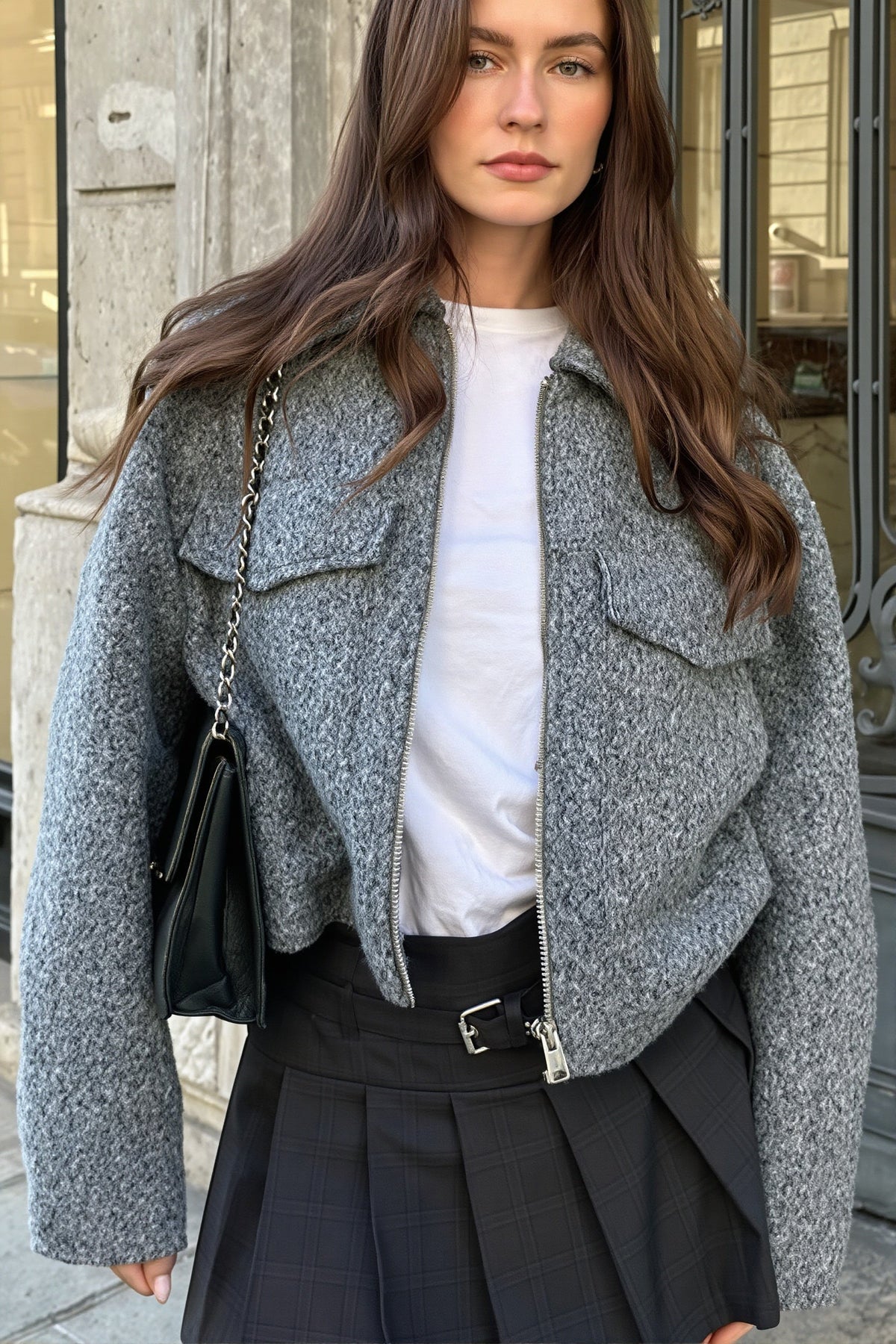 Cropped Bouclé Jacke für Damen mit Reissverschluss