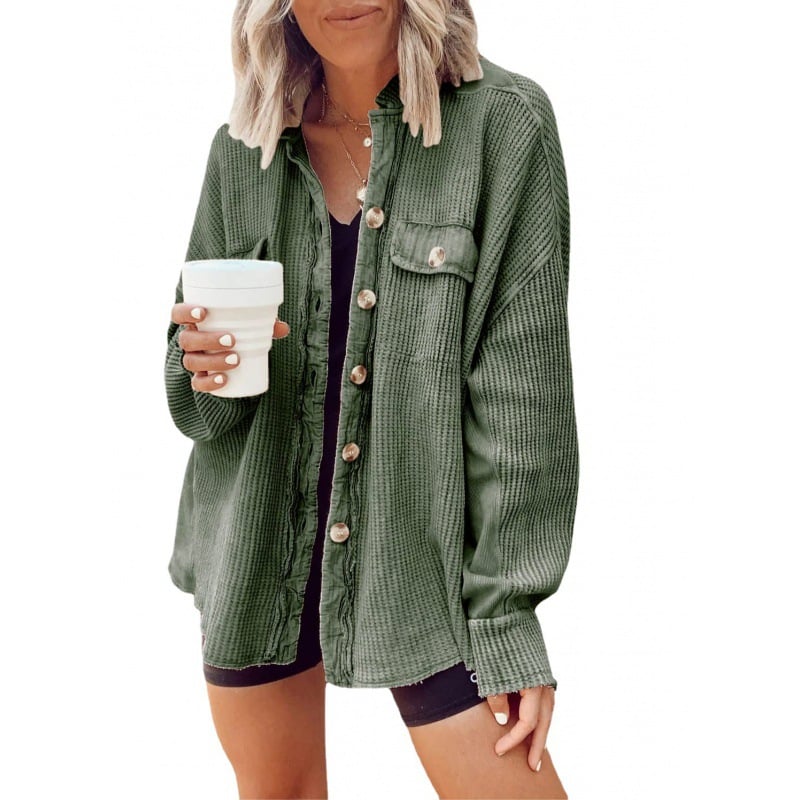 Women's shirt jacket with notch collar, front pockets, and asymmetrical hem