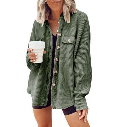 Women's shirt jacket with notch collar, front pockets, and asymmetrical hem