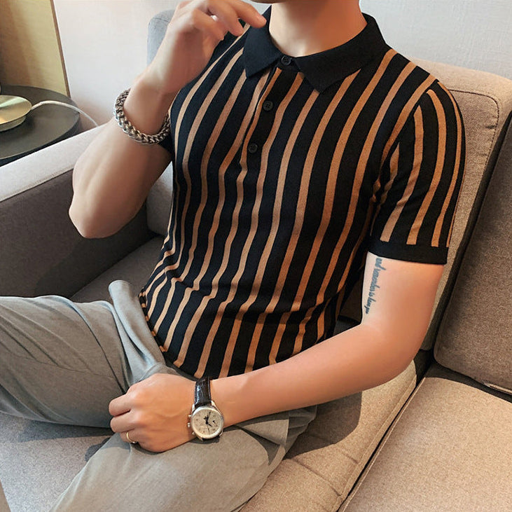 Herren Poloshirt Mit Breiten Streifen Und Kurzen Ärmeln, Hochelastisch