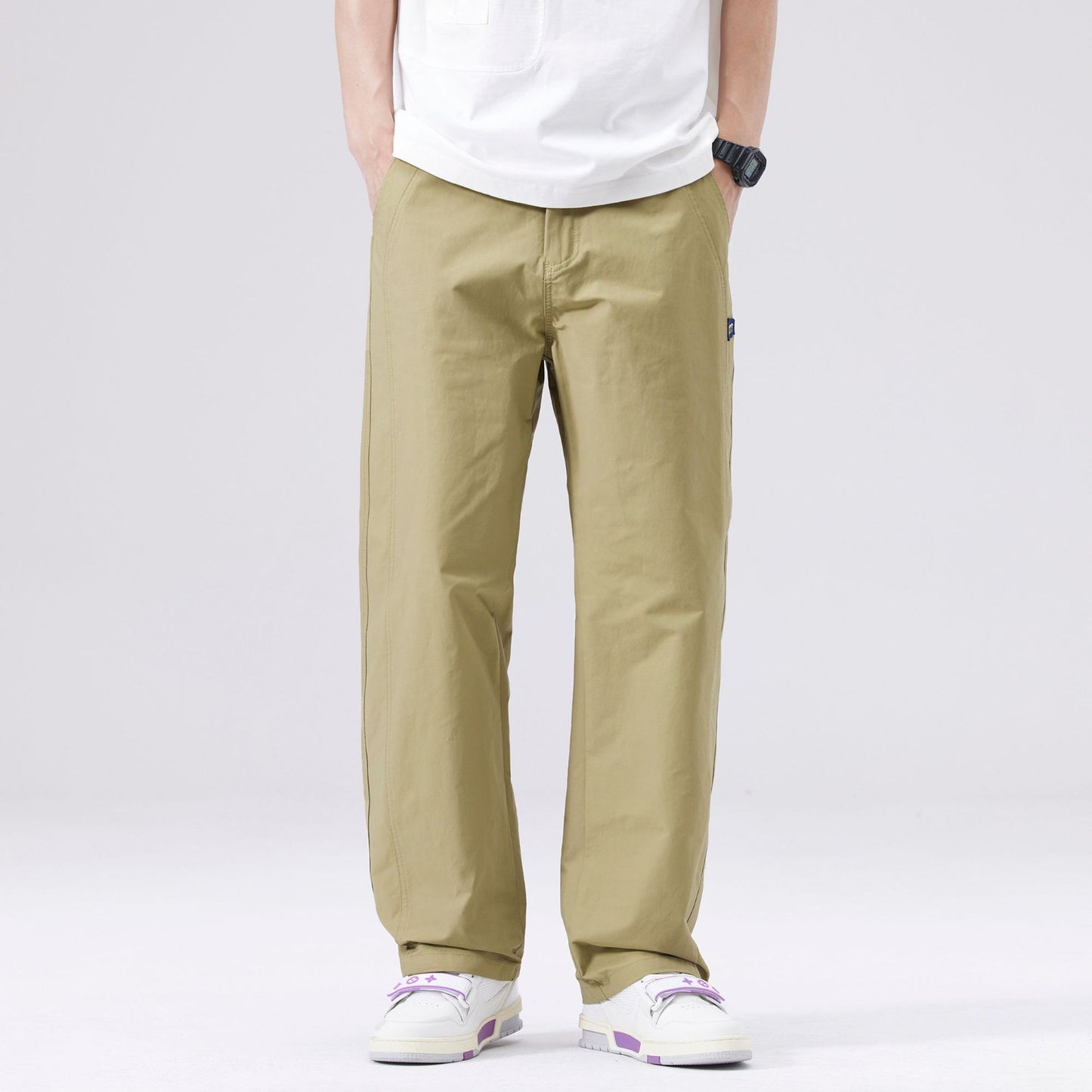 Men's casual pants with straight cut, mid-rise waistband, solid color, size range, weight-dependent fit