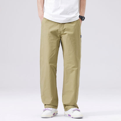 Men's casual pants with straight cut, mid-rise waistband, solid color, size range, weight-dependent fit