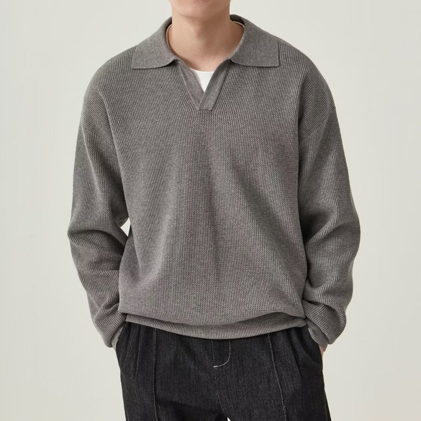 Men's Long-Sleeve Sweater with Solid Color Design and Slim Fit