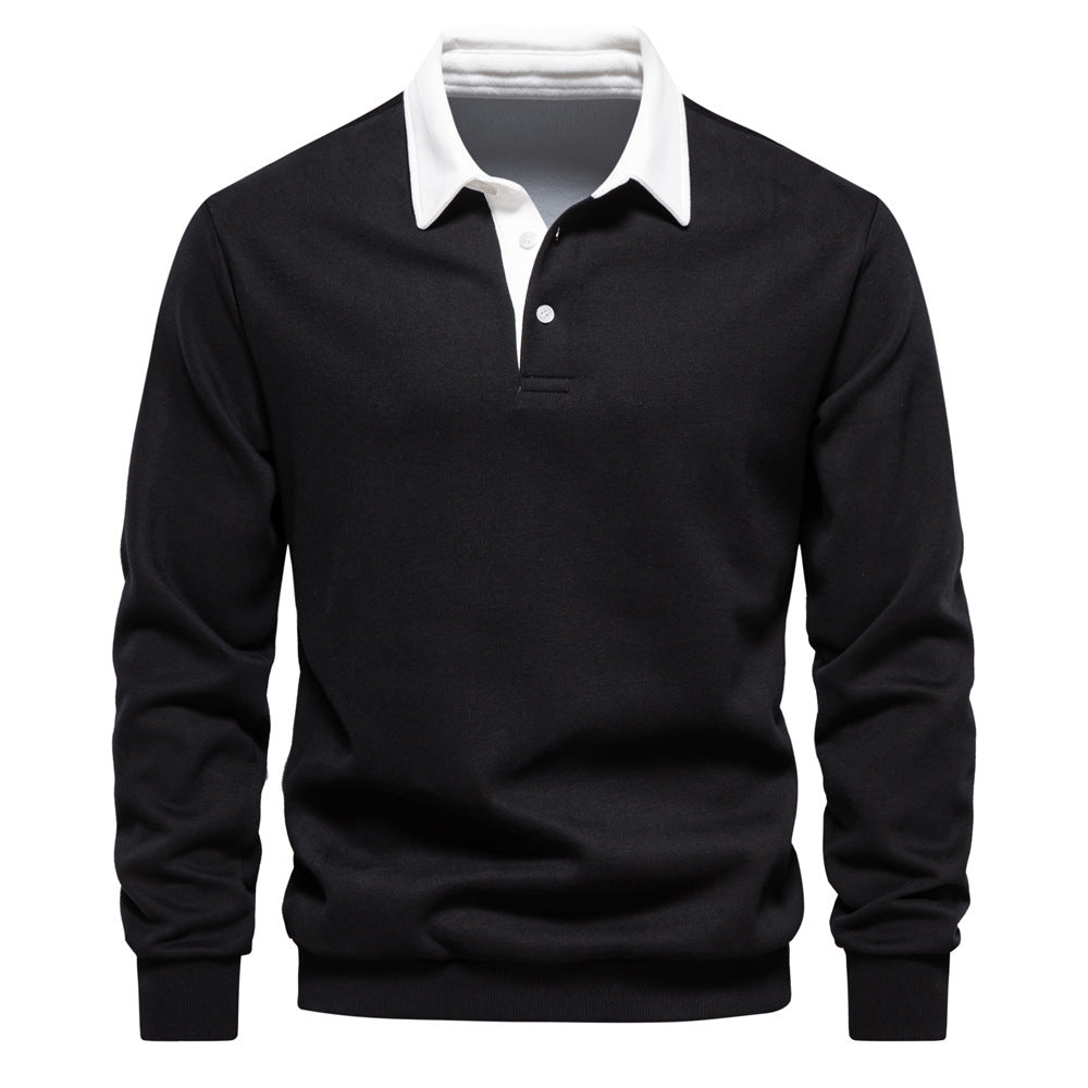 Schwarzer Herrenpullover mit weißem Kragen, Langarm, klassisches Design, eleganter Look, ideal für Business- und Freizeitkleidung.