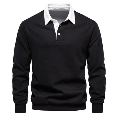 Schwarzer Herrenpullover mit weißem Kragen, Langarm, klassisches Design, eleganter Look, ideal für Business- und Freizeitkleidung.