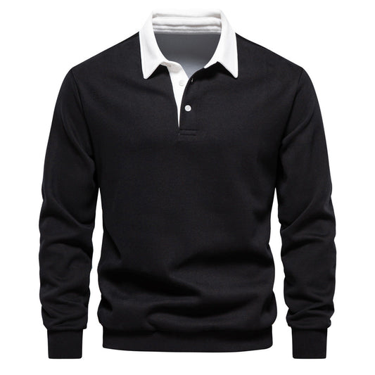 Schwarzer Herrenpullover mit weißem Kragen, Langarm, klassisches Design, eleganter Look, ideal für Business- und Freizeitkleidung.