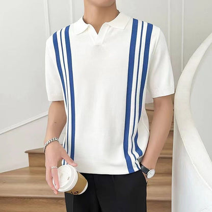 Herren Sommer T-Shirt Mit Gemischten Farben, Streifen, Halben Ärmeln, Reverskragen Und Schmaler Passform
