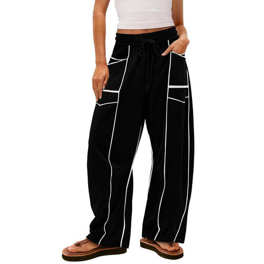 Women's Wide Pants with Drawstring, Striped Design and Side Pockets