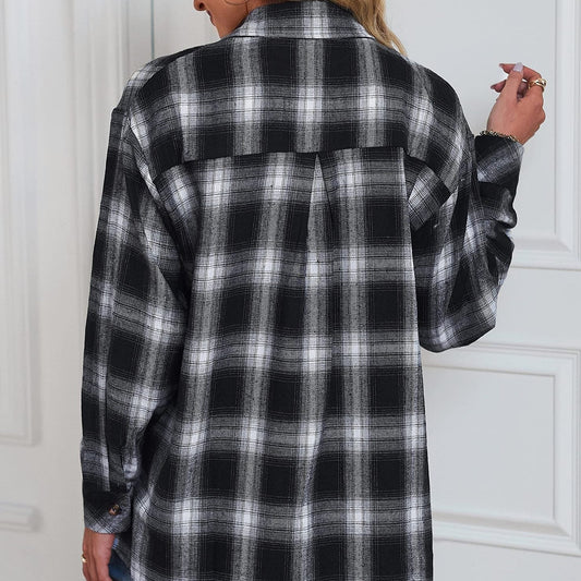 Women's Checked Long-Sleeve Shirt Mid-Length With Front Pocket And Button Placket