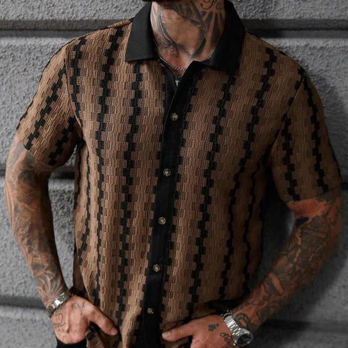 Herren Sommer Karo-Strickcardigan Kurzarm Slim Fit Patchwork Streetwear Top