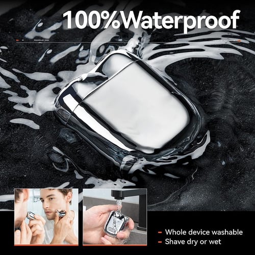 100% wasserdichter elektrischer Rasierer in Wasser, ideal für Nass- und Trockenrasur. Komplett abwaschbar, modernes Design, effiziente Rasur.