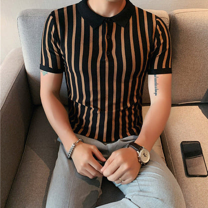 Herren Poloshirt Mit Breiten Streifen Und Kurzen Ärmeln, Hochelastisch