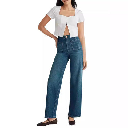 Damen Hochtaillen-Weitbein-Jeans mit Used-Effekten und eckigen Taschen