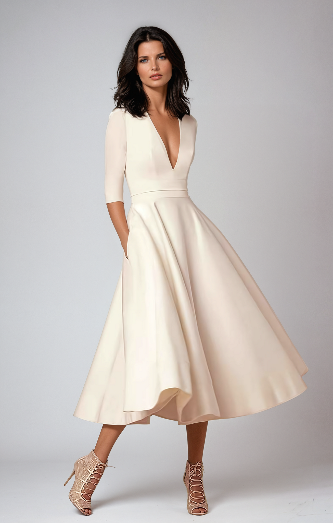 Elegantes cremefarbenes Kleid mit tiefem V-Ausschnitt und halblangen Ärmeln, kombiniert mit stilvollen, geschnürten High Heels. Ideal für Abendmode.