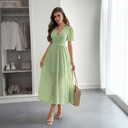 Sommer-Maxikleid Für Damen Mit Tiefem V-Ausschnitt, Kurzen Ärmeln Und Faltenrock