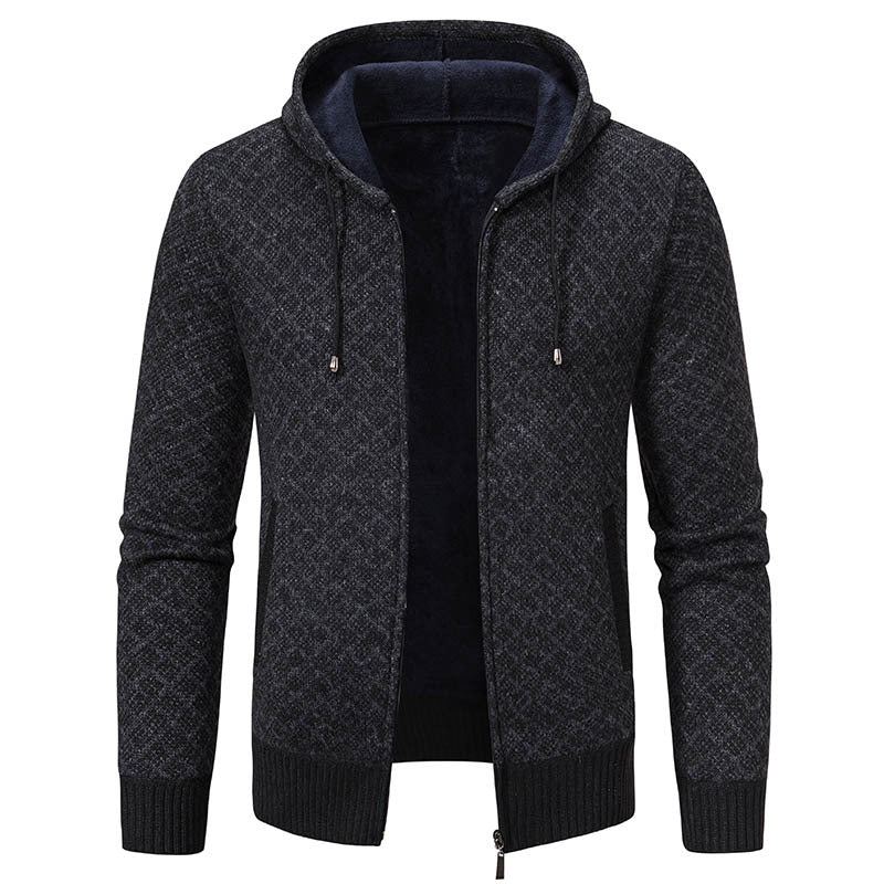 Dunkelgraue Herren-Strickjacke mit Kapuze, Reißverschluss und Kordelzug. Stilvoll, warm und ideal für Herbst- und Wintermode.