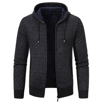 Dunkelgraue Herren-Strickjacke mit Kapuze, Reißverschluss und Kordelzug. Stilvoll, warm und ideal für Herbst- und Wintermode.