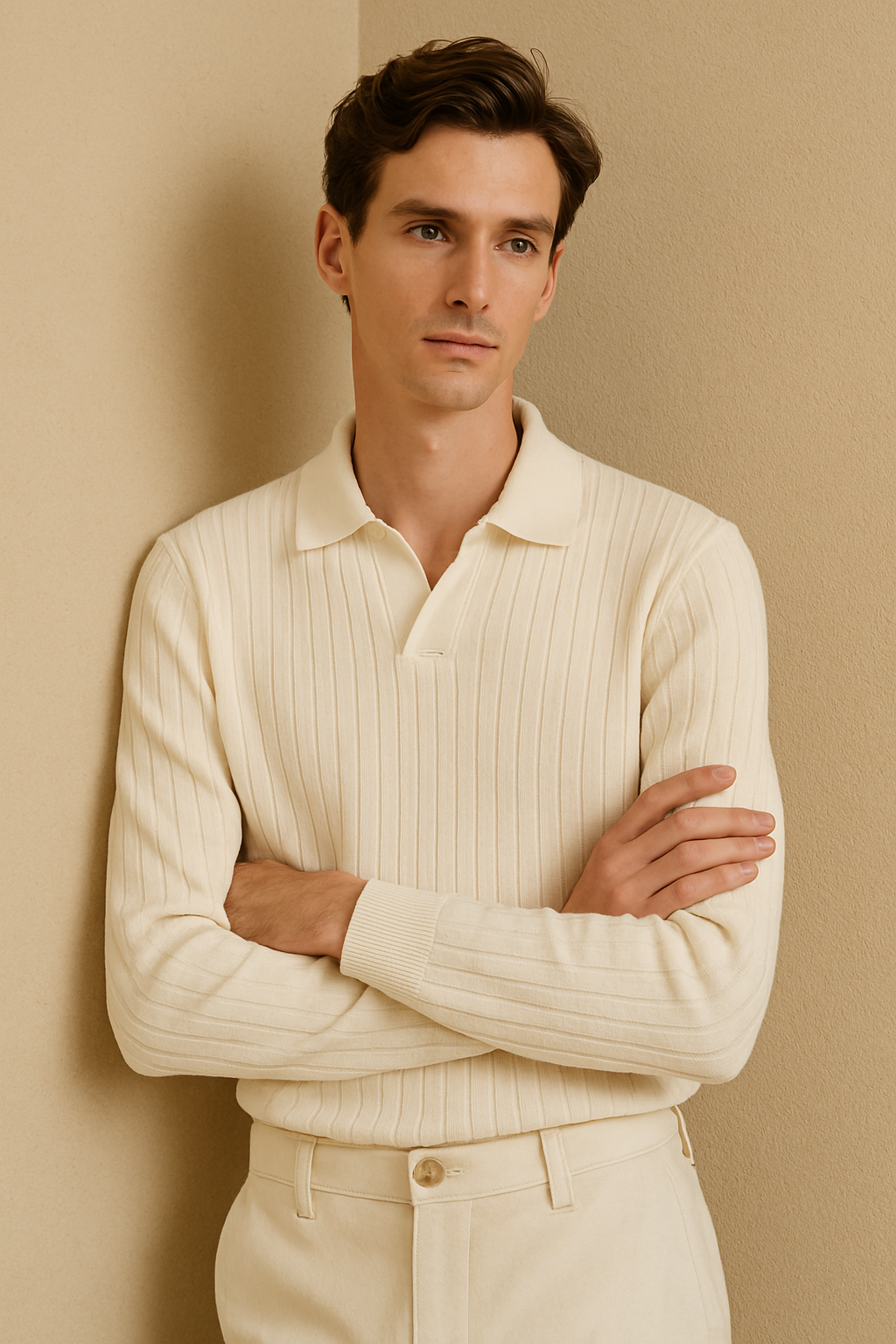 Men's Long-Sleeve Polo Shirt – Ribbed Texture with Open Collar in Cream