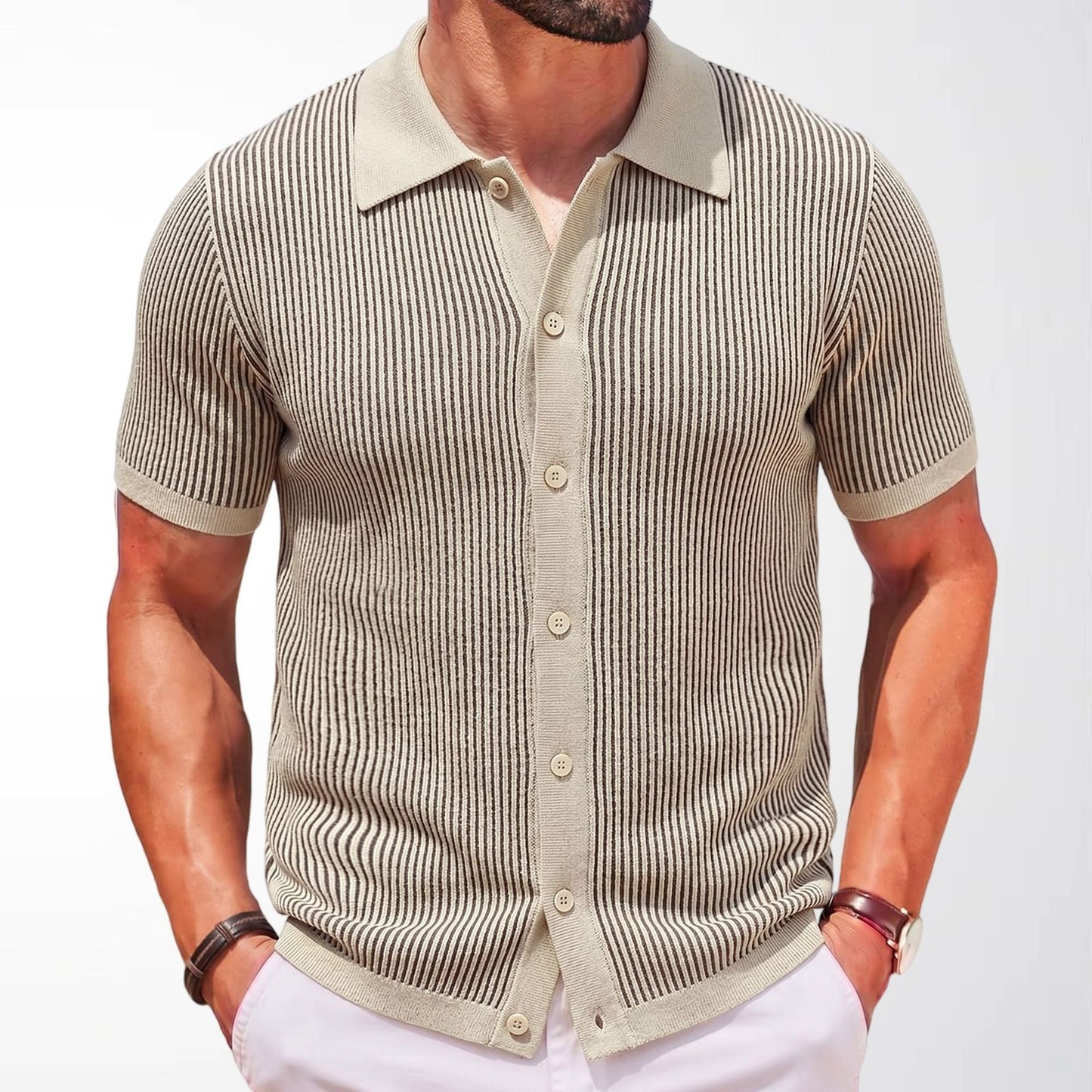 Herren Kurzarm Strick Poloshirt mit Vertikalstreifen – Schmale Passform