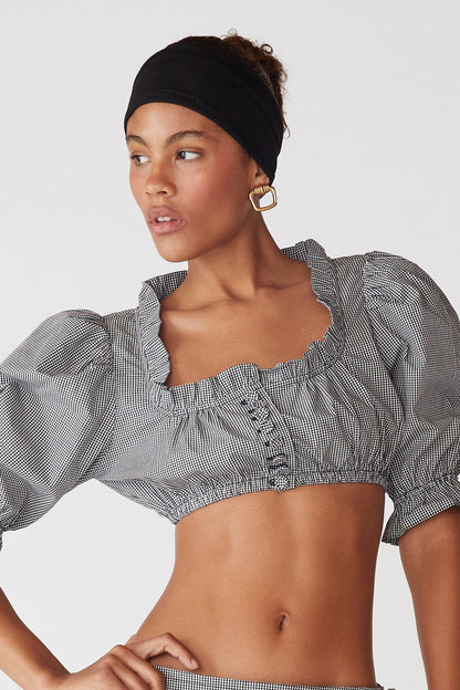 Damen Cropped Bluse Mit Rüschenbesatz