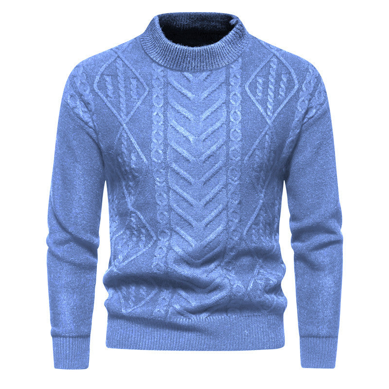 Blauer Strickpullover mit Zopfmuster, Rundhalsausschnitt und langen Ärmeln. Modischer Herrenpullover, ideal für Herbst und Winter.