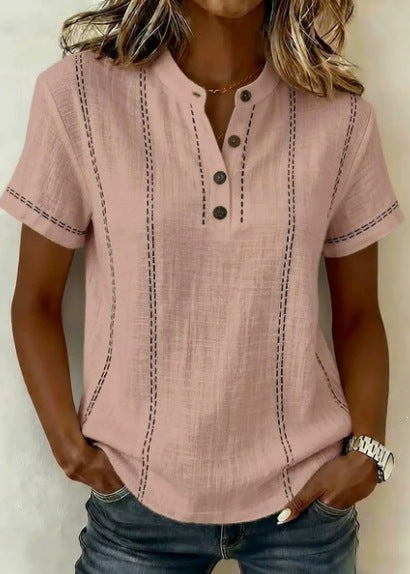 Gestreifte Damenbluse Mit Kurzen Ärmeln, Stehkragen, V-Ausschnitt Und Knopfleiste – Patchwork-Design