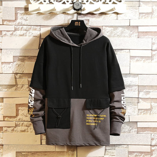 Herren Kapuzen-Pullover Color-Block Langarm Revers – Freizeit und Alltag