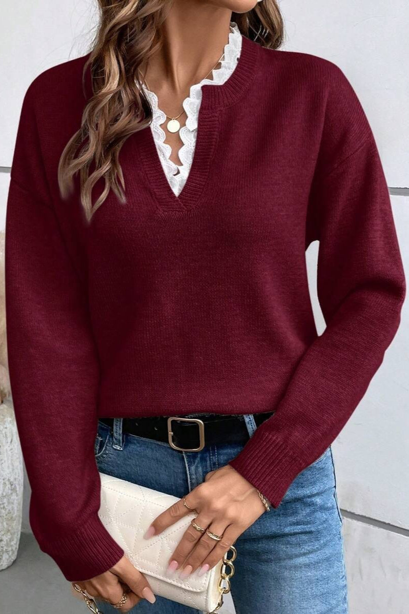Damen-Strickpullover mit V-Ausschnitt und dekorativem Spitzensaum