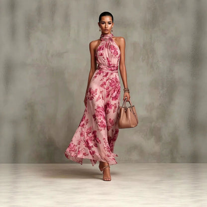 Ärmelloses, Bedrucktes Neckholder-Maxikleid Für Damen Mit Hohem Bund – Chiffon-Stil