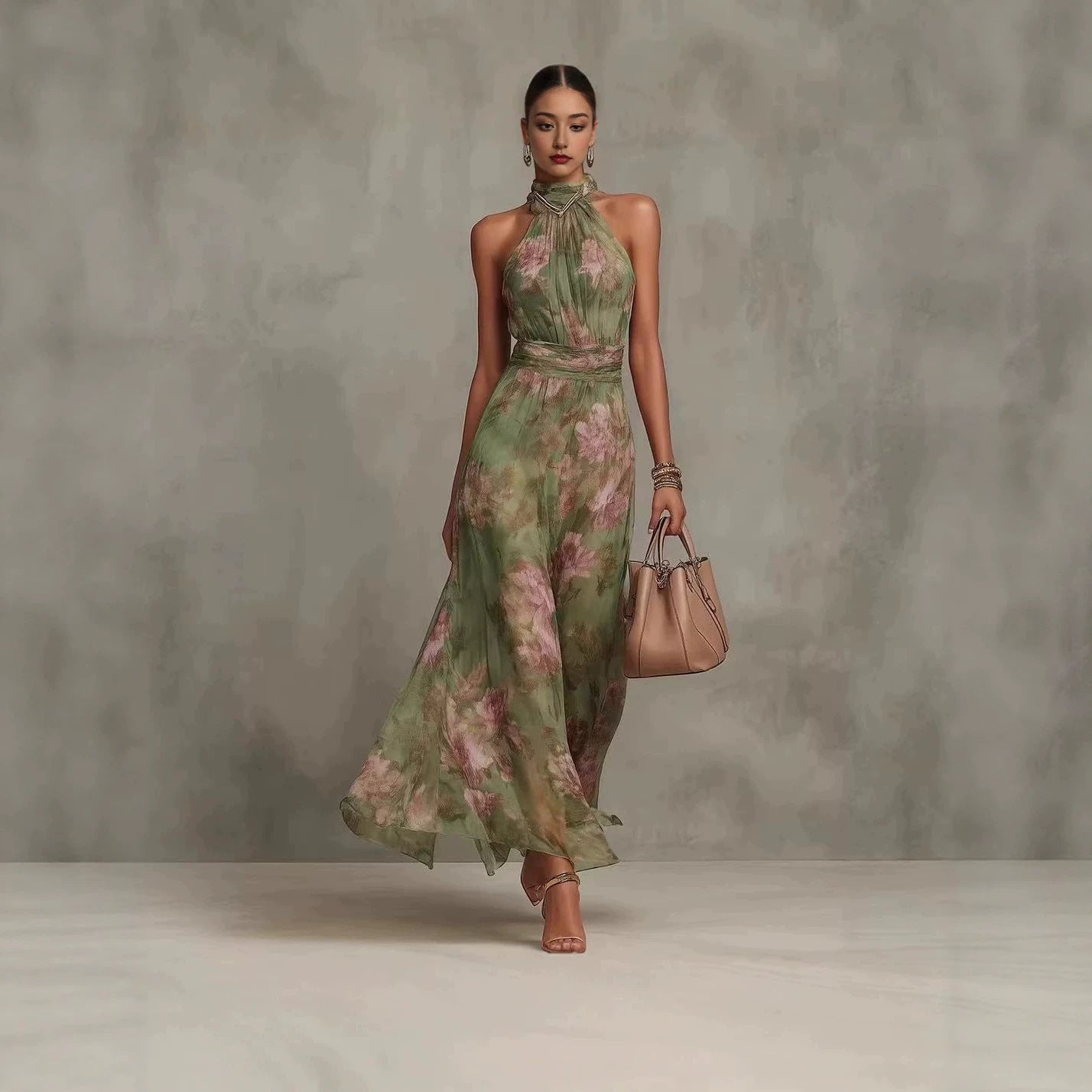 Ärmelloses, Bedrucktes Neckholder-Maxikleid Für Damen Mit Hohem Bund – Chiffon-Stil