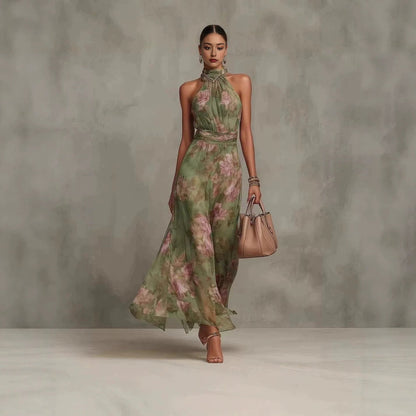 Ärmelloses, Bedrucktes Neckholder-Maxikleid Für Damen Mit Hohem Bund – Chiffon-Stil
