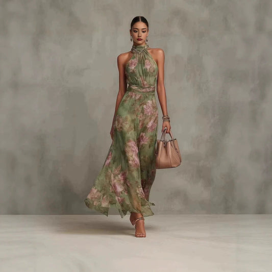 Ärmelloses, Bedrucktes Neckholder-Maxikleid Für Damen Mit Hohem Bund – Chiffon-Stil