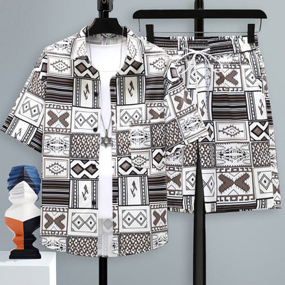 Men's Summer Sport Short-Sleeve Two-Piece Set Straight-Cut Shorts Matching Outfit