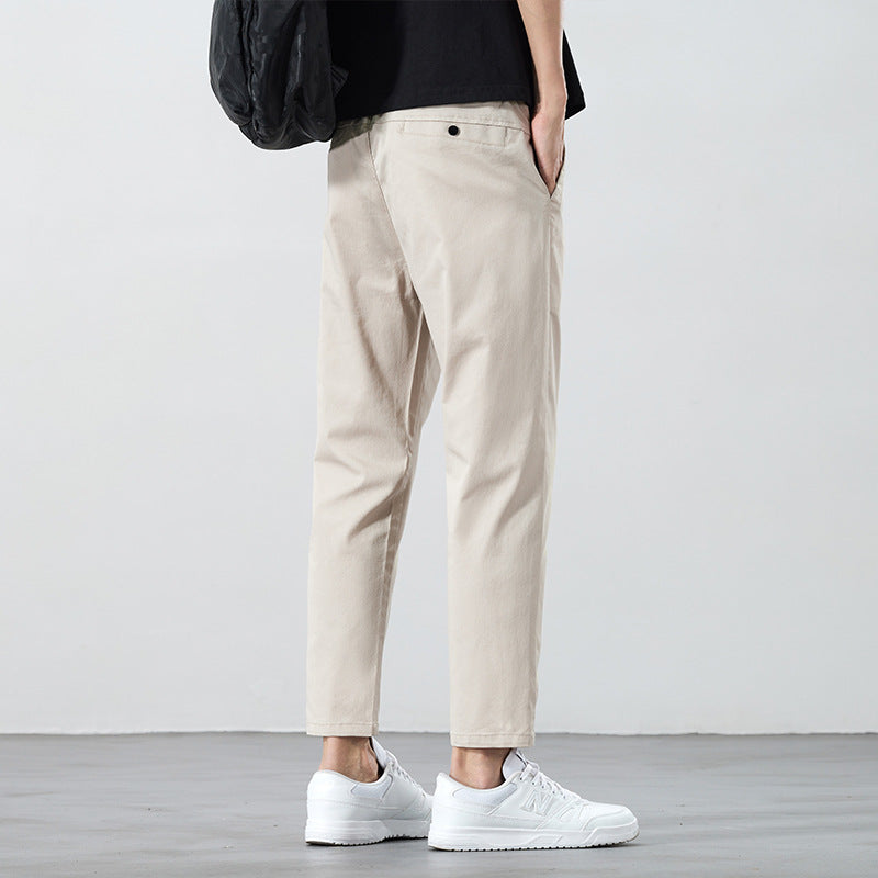 Men's Summer Cropped Straight Leg Mid Waist Micro Elastic Casual Pants Solid Color Lightweight Trousers