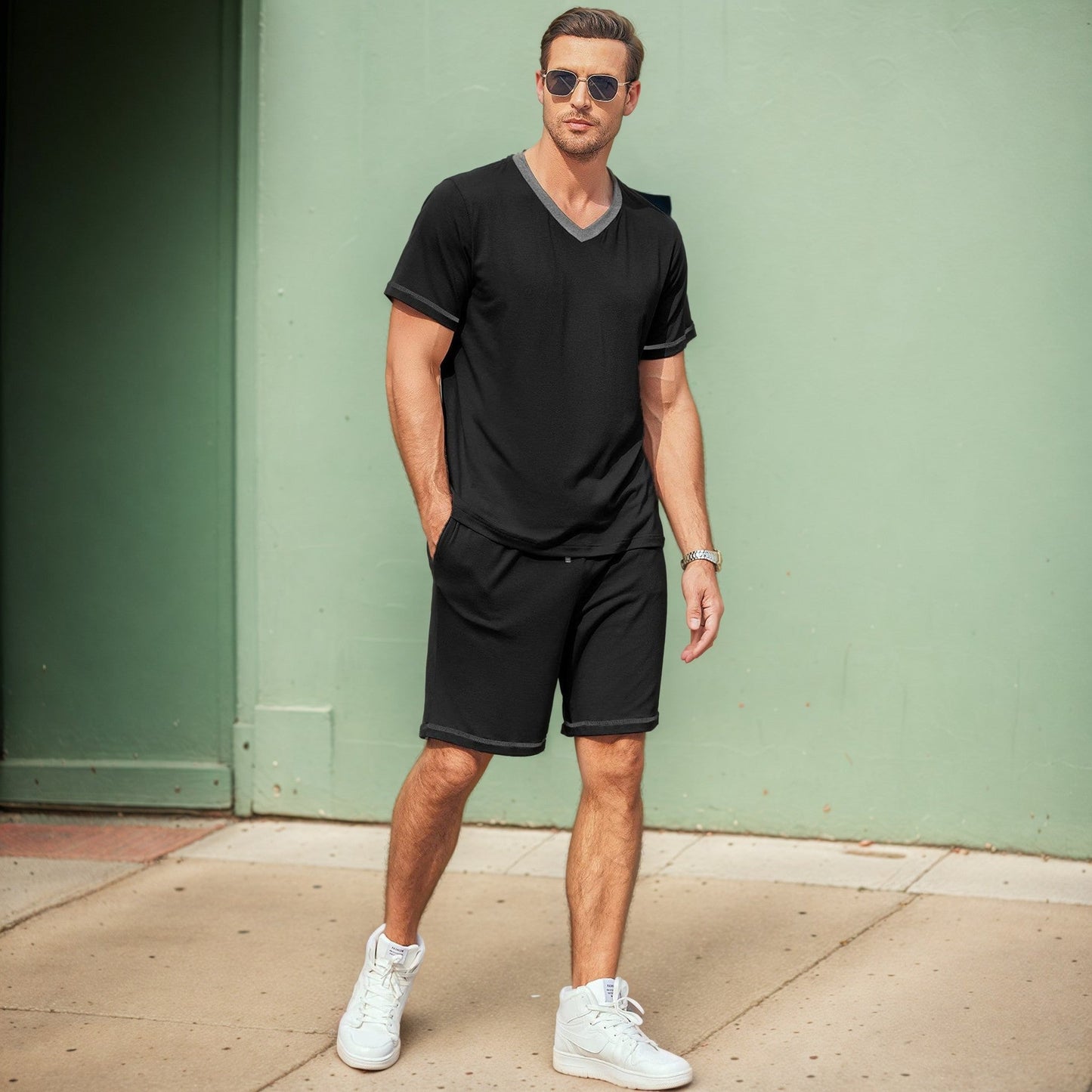 Herren Sommer Kurzarm Zweiteiler Shorts Set Aus Milchseide, Leicht, Verschiedene Farben